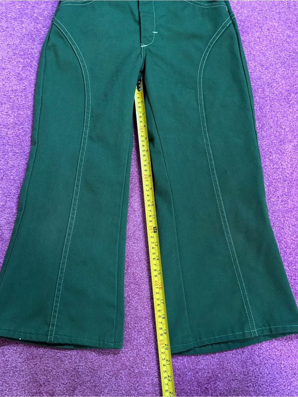 Green Super Denim Flare Jeans White Stitch 70s Hippie Style - Picture 6 of 8